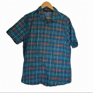 TOAD & Co 100% Organic Cotton Short Sleeve Button Up Plaid Shirt Blue/Orange Med